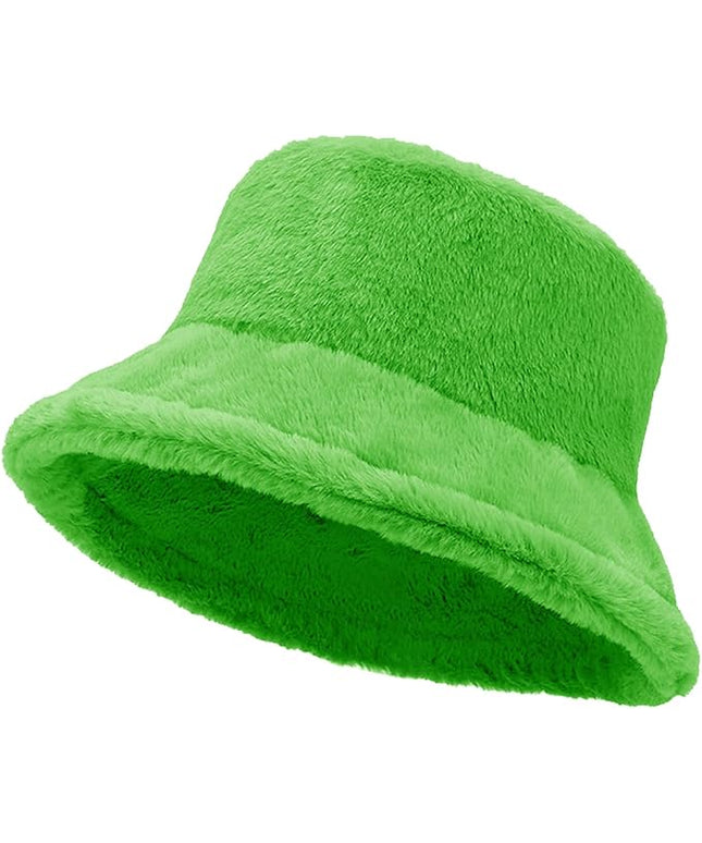 Women Plush Fluffy Bucket Hat Warm Lining Winter Faux Fur Cozy Wide Brim Winter