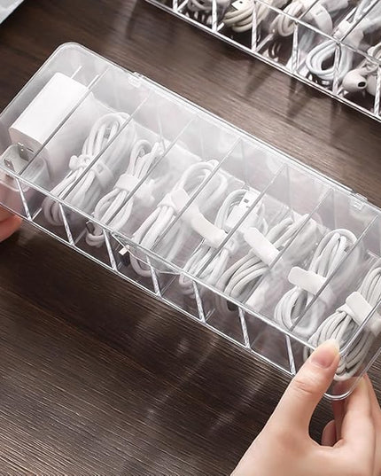 2Pcs Clear Cable Management Box with Lid, 26x9x5.5cm, Desktop Cord Organizer with Compartments (2, 10.2 x 3.5 x 2.2)