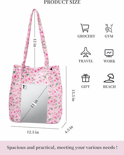 Corduroy Tote Bag Cute Tote Bags for Women Shoulder Bag with Inner Pocket for Work Beach Travel and Shopping Grocery