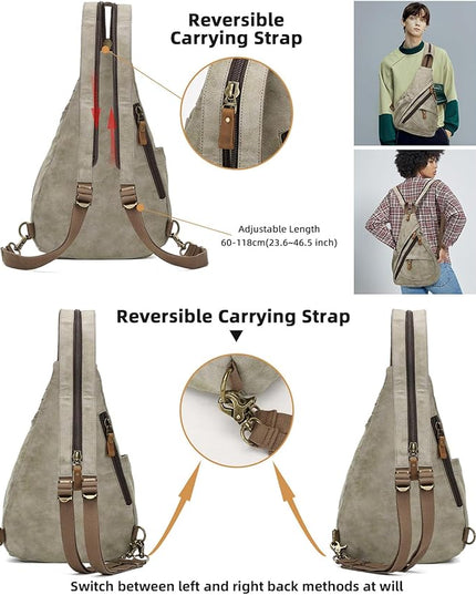 KL928 PU Leather Sling Bag - Small Crossbody Backpack Shoulder Casual Daypack Rucksack for Men Women(Olive Green)