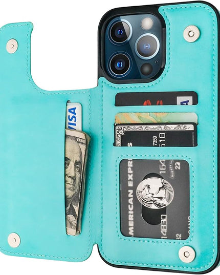 ONETOP Compatible with iPhone 13 Pro Max Wallet Case with Card Holder,PU Leather Kickstand Card Slots Case, Double Magnetic Clasp and Durable Shockproof Cover 6.7 Inch(Light Blue)