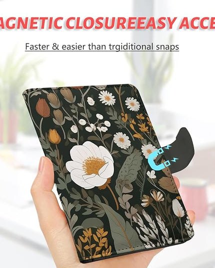 Passport Holder, Travel Wallet Cover with Pen Loop | Cute RFID Blocking Leather Case with Magnetic Closure for Travel Essentials-flower