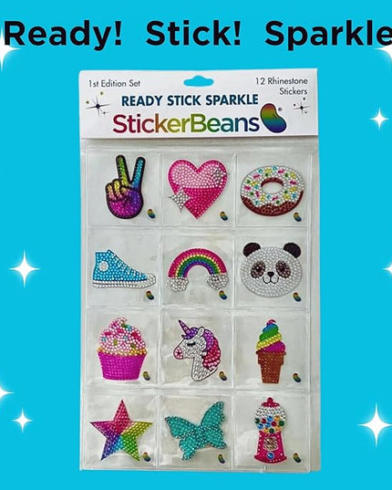 StickerBeans® Rhinestone Stickers – 1st Edition Collection 12-Pack, 2” x 2” Unique Sparkly Cut-to-Shape for Collecting, Trading, Decorating Laptops, Phone Cases, Scrapbooks, for Kids & Teens