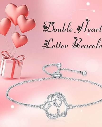 TOUPOP Gifts for Women Heart Initial Bracelet 925 Sterling Silver Double Heart Bracelet Birthday Jewelry Birthday Christmas Gifts for Her Wife Girlfriend