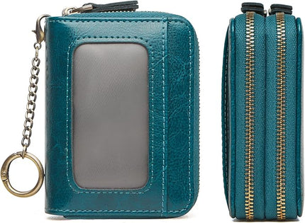 TFKGS Credit Card Holder for Women RFID Wallet Leather Womens Wallet with Zipper Blocking Keychain Card Accordion Wallets Gifts for Women Blue