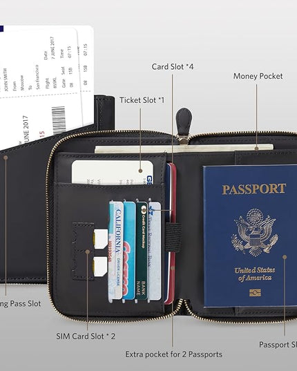 CoBak Passport Holder Cover with Safe Zipper Closure, Premium Passport Wallet for Travel, RFID Blocking Card Case, Waterproof Travel Accessories for Man, Black Grain