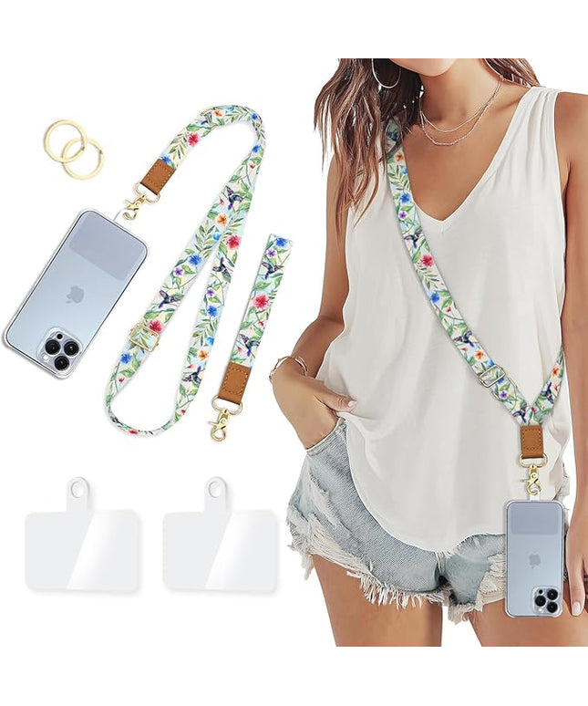Phone Lanyard Crossbody Wrist Strap, Bird Cell Phone Lanyards for Around the Neck Wristlet Shoulder, Adjustable Flower Floral Strap for Car Keys Keychain Wallet ID Badge