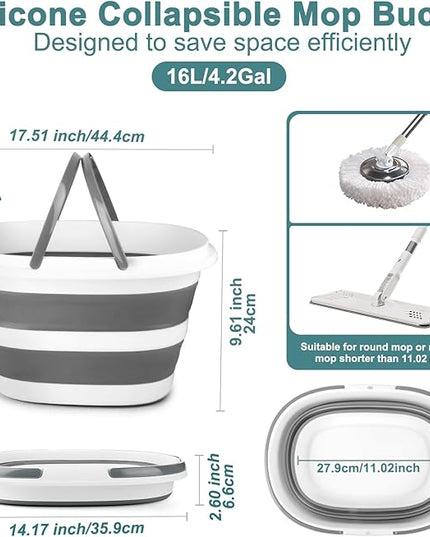 Collapsible Mop Bucket with Handle for Cleaning, 16L(4.2 Gallon) Silicone Square Mopping Bucket for Windows Cleaning or Car Washing, Cleaning Supplies Organizer Plastic Bucket for Storage, 2 Pack