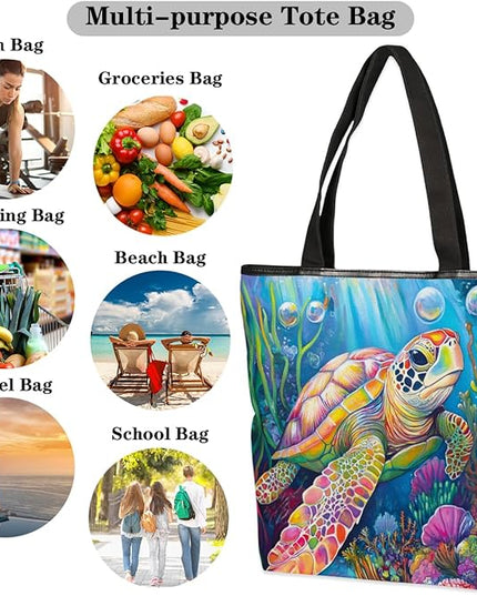 Pardick Canvas Tote Bags, Ocean Turtle Tote Bag Eco Friendly Reusable Grocery Shopping Bagsfor Beach, Books, Women with Zipper Inner Pocket