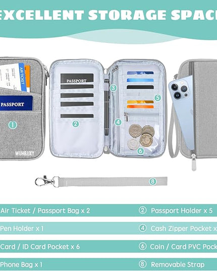 Passport Holder Family, Women Rfid BlockingWallet, Travel Essentials Premium Wallets, Waterproof Passport Holders Bag for Men Traveling, Travel Document Organizer Credit Cards Case (Gray)