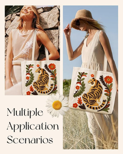 Embroidery Canvas Tote Bag for Women - Reusable Totes with Pocket & Buckle Aesthetic Cute Grocery Shoulder Bag