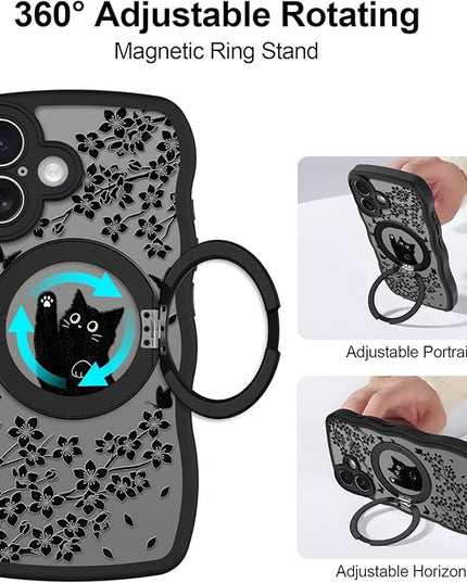 Wavy Case for iPhone 17 Case with Stand [Compatible with MagSafe] Cute Black Cat & Floral & Butterflies Pattern Design, Kawaii 360 Magnetic Ring Kickstand Phone Cover for Women Girls