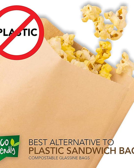 Paper Sandwich Bags Kraft Brown (200 Pack), Commercially Compostable Food Grade Unbleached Kraft Paper for Bakery, Cookies, Treats, Snacks, Sandwiches