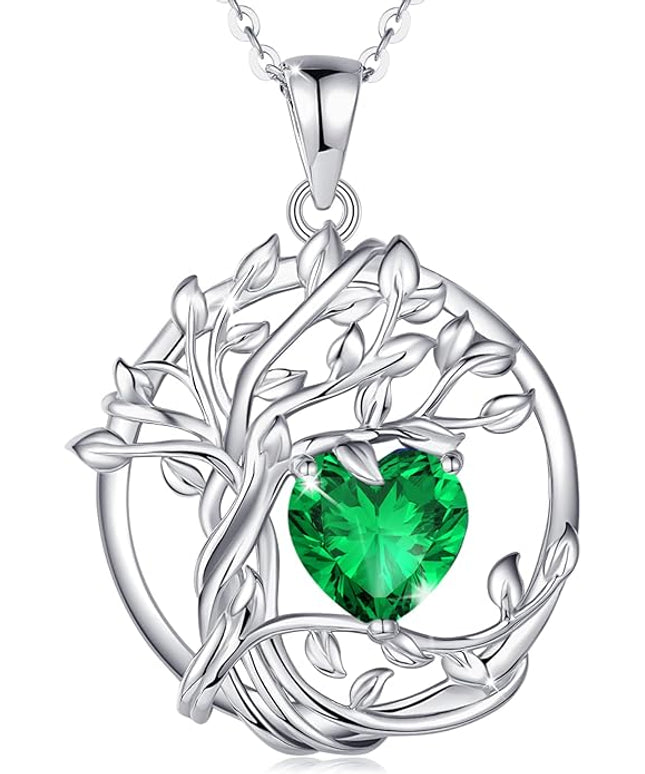 FANCIME Tree of life Birthstone necklace Sterling Silver Pendant Birthstone Necklace Gemstone Anniversary Birthday Jewelry Christmas Gifts for Mom Her Wife