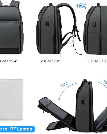 FENRUIEN 17 Inch Travel Backpack Gray, Expandable Water Resistant Computer Backpack with USB Port, Laptop Bag for Business/College/Work