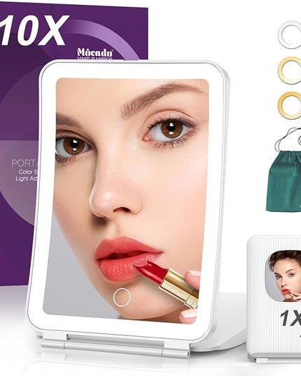 Mocado Travel Makeup Mirror with Light, 1x/10x Magnifying Mirror with Light, 3 Colors Lighted Magnifying Mirror, 2000mAh Rechargeable Lighted Makeup Mirror, Dimmable Touch, Memory Function (White)