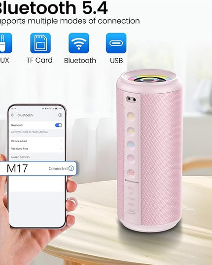 Portable Bluetooth Speaker, 2026 Bluetooth 5.4 Wireless Speaker with 20W HD Loud Stereo Sound, 20H Playtime, LED Lights, IP7, TWS Pairing, Built-in Mic, for Outdoor, Home, Beach, Party, Gift, Pink