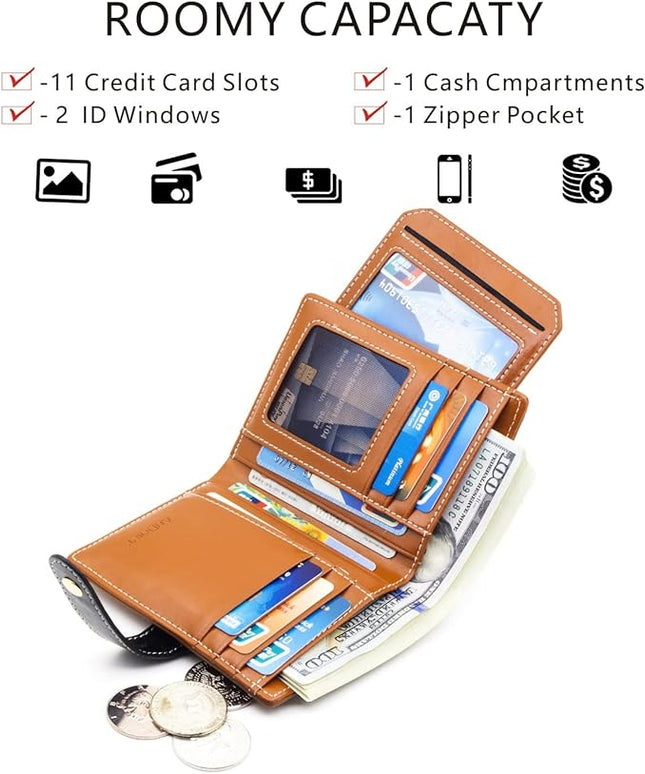 ANDOILT Wallets for Women Genuine Leather Small Bifold Wallet RFID Blocking Card Case Purse with ID Window Coin Pocket | Small, RFID Blocking, Card Case, Purse, with ID Window, Coin Pocket