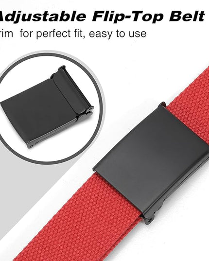 WHIPPY Canvas Web Belt Flip-Top Solid Black Military Buckle Fully Adjustable Mens Webbing Belts Cut To Fit