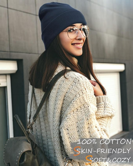 100% Cotton Beanie Hat- Unisex Ultra Soft Winter Warm Stretch Knit Cuffed Hats Fisherman Beanies Skull Cap