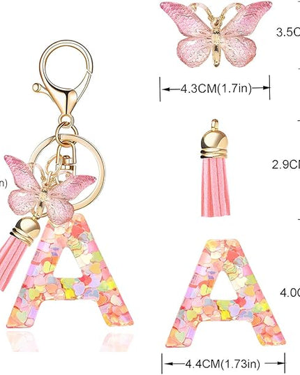 Fashion Alphabet Initial Letter Keychain Tassel Butterfly Pendant Key Ring for Purse Handbags Women Girl
