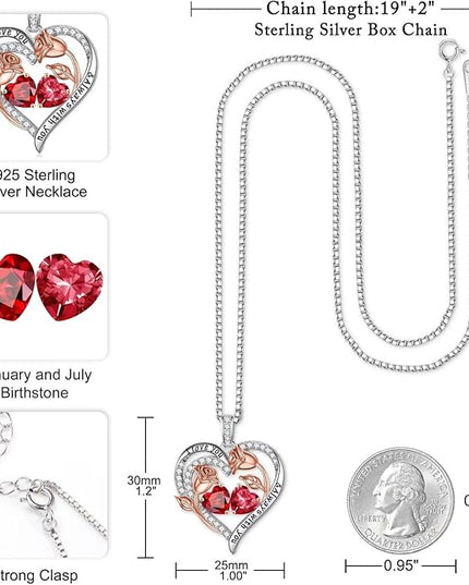 Iefil Christmas Gifts for Women Wife - 925 Sterling Silver Rose Heart Birthstone Necklace Birthday Anniversary Jewelry Gifts for Her Wife Mom Daughter