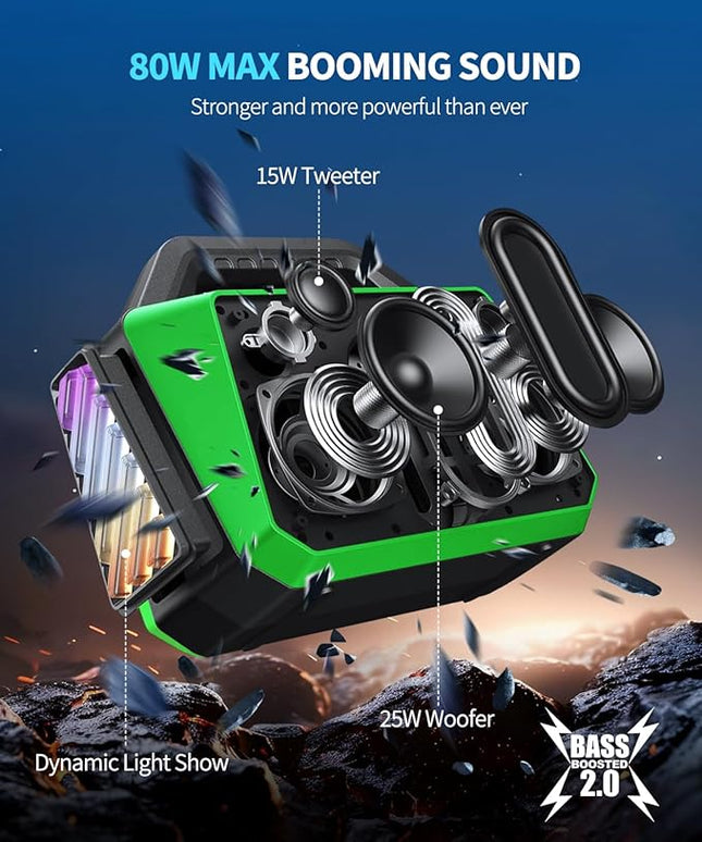 Bluetooth Speaker - 80W Loud Rugged Outdoor Speakers, IPX6 Waterproof, 20H Playtime, Deep Bass, Lightshow, TWS, BT 5.3 Wireless, Portable for Travel Hiking Camping Beach Pool - Green