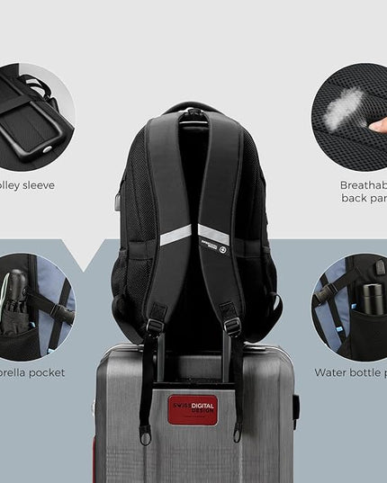 Swissdigital Design Laptop Backpack, Travel Backpack with USB Charging Port Fits 15.6 inches Computer, 31L College School Bookbag for Men,Haze Blue/Black | SD803-16