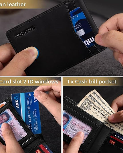 RUNBOX Wallet for Men Bifold RFID Blocking Wallets with 2 ID Window 14 Card Holders 1 cash pocket 1 Gift Box