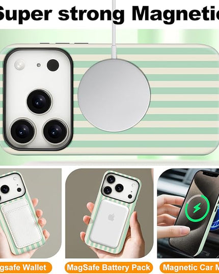 Magnetic for iPhone 17 Pro Max Case Cute Stripes Phone Case, Shockproof Slim TPU and Hard PC Protective Phone Cover Compatible with MagSafe Designed for Women Girls, Light Green