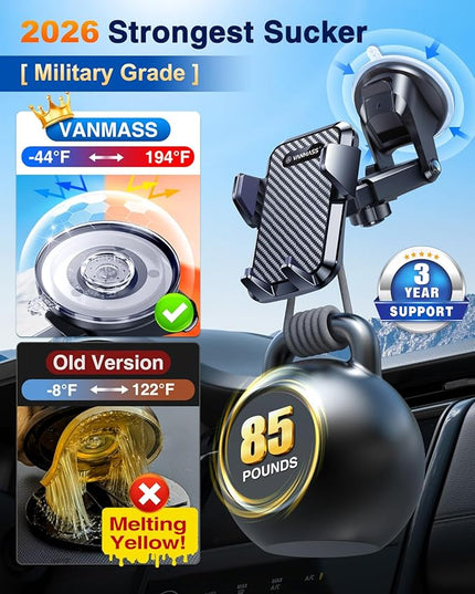 VANMASS【85+LBS Strongest Suction & Military-Grade 2026 Ultimate Car Phone Mount【Patent & Safety Certs】 Cell Phone Holder Truck for Dashboard Windshield Vent for iPhone 17 Pro Max 16 15 for Samsung