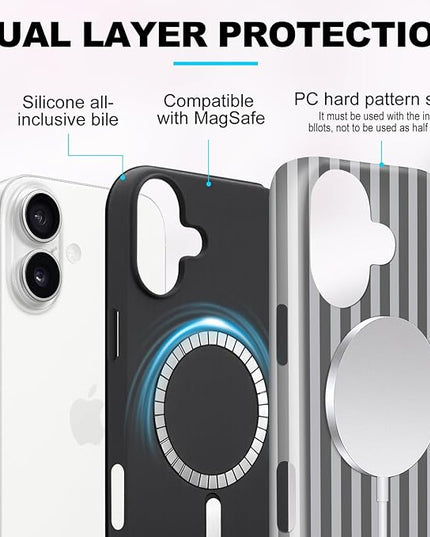 Magnetic for iPhone 16 Case Cute Stripes Phone Case, Shockproof Slim TPU and Hard PC Protective Phone Cover Compatible with MagSafe Designed for Women Girls, Gray