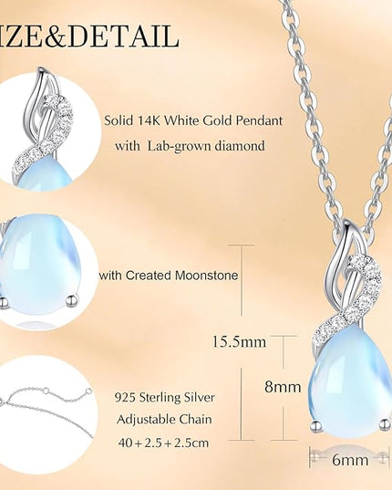 FANCIME 14K Solid White Gold Teardrop Pendant with Diamond Birthstone Necklace