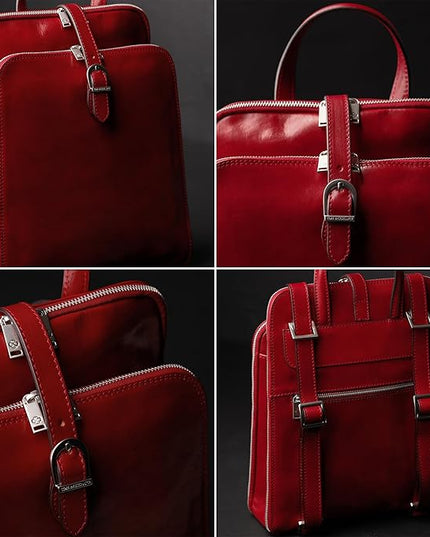 Time Resistance Leather Backpack - Convertible to Shoulder Bag - Full Grain Real Leather Travel Rucksack for Women (Red)