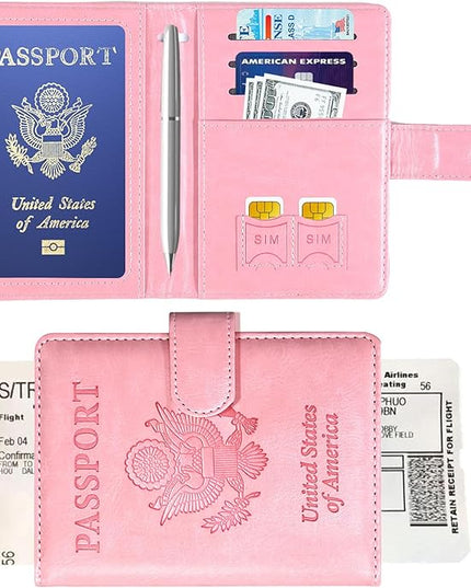 Sizobi Passport Holder for Travel, RFID Passport Cover Wallet for Women Men, Leather Passport Book Card Holder Case for International Travel Must Haves Accessories, Cruise Ship Essentials Gifts, Pink