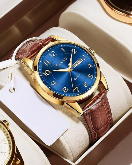 Men Dress Watch Waterproof Leather Watches for Men with Day Date Luxury Large Arabic Numerals Analog Quartz Classic Leather Watch Easy Read relojes para Hombres
