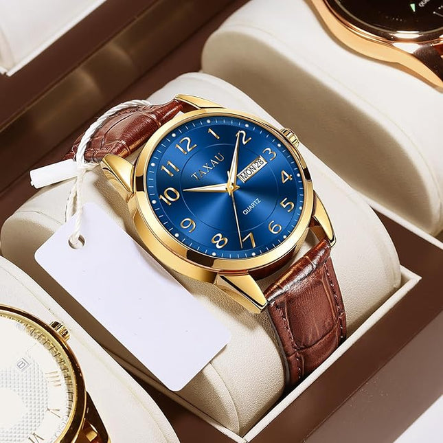 Men Dress Watch Waterproof Leather Watches for Men with Day Date Luxury Large Arabic Numerals Analog Quartz Classic Leather Watch Easy Read relojes para Hombres