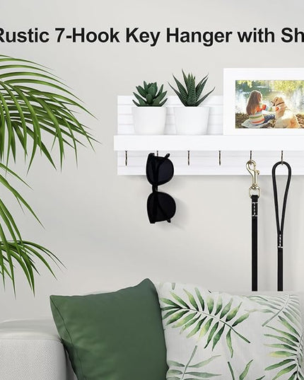 Lwenki Decorative Key Holder for Wall with Shelf, Entryway Shelf with Hooks Holds Leashes, Jackets and Glasses – Sturdy Wood Keyholder Entrance Hanger with Mounting Hardware (White, Large)
