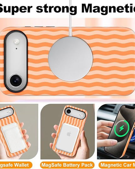 Magnetic for iPhone 17 Air Case Cute Wavy Stripes Phone Case, Shockproof Slim TPU and Hard PC Protective Phone Cover Compatible with MagSafe Designed for Women Girls, Orange