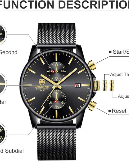 GOLDEN HOUR Mens Watch Fashion Sleek Minimalist Quartz Analog Mesh Stainless Steel Waterproof Chronograph Watches for Men with Auto Date