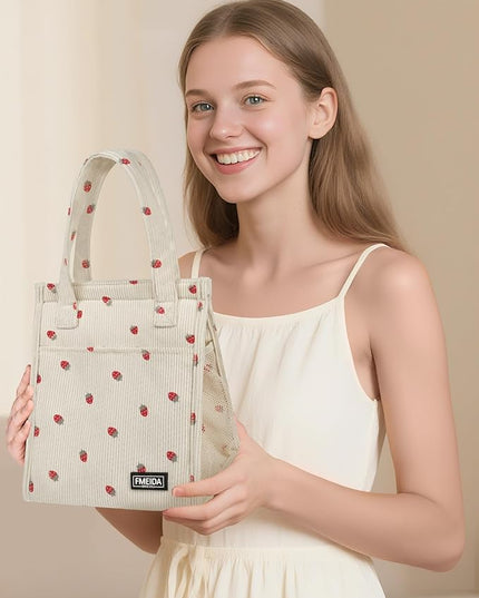 Fmeida Insulated Lunch Bag Women, 6.75L Small Lunch Bags with Multiple Pockets, Reusable Thermal Cooler Tote for Work, Office, Picnic, Travel | Hook and Loop Closure, Strawberry