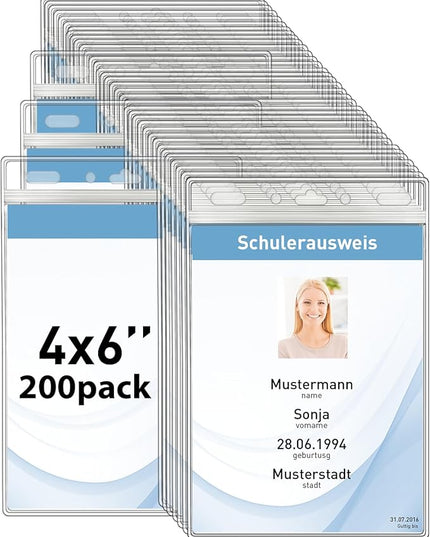 Vertical ID Badge Holders with Soft Edge (Sealable Fits 4x6 Inch Insert) (200 Pack), Waterproof Passport ID Card Holder, Name Tag Holder, Name Badge Holders, Zipper Plastic Badge Holder