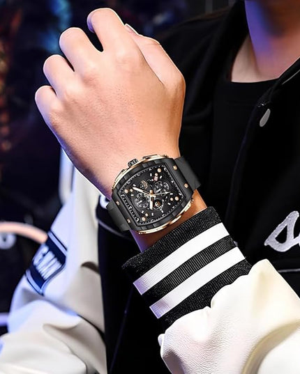 Mens Watches,Unique Rectangular Quartz Analog Watch,Outdoor Sports Multi-Function Watch,Chronograph/Waterproof/Luminous/Calendar,Durable Silicone Strap Mens Casual Watches
