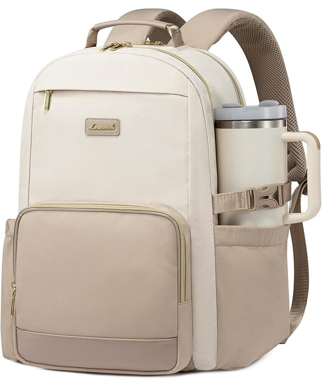 LOVEVOOK Laptop Backpack for Women with Pouch Pocket for Large Capacity Cup,17 Inch Laptop Computer Bag Travel Backpack Purse,Waterproof Work Business Backpack College Teacher Bags,Beige-Khaki