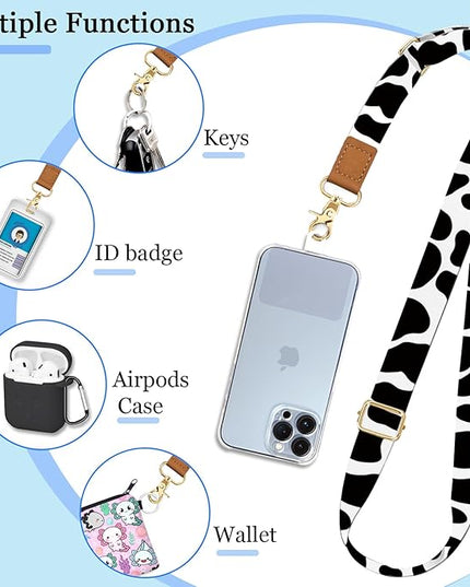 Phone Lanyard Crossbody Wrist Strap Adjustable, Cow Cell Phone Lanyard Wristlet Universal Strap with 2 Tether Tabs Cute for Women ID Badges Accessories