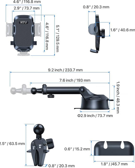 HTU 2026 Upgraded [True Military-Grade] Car Phone Holder【Safety Certs & No Smell】 Cell Phone Holder for Car Mount for Dashboard Windshield Air Vent Long Arm Thick Case,Black