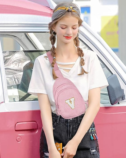 Viverte Small Corduroy Sling Bag Initial Crossbody Bag Fanny Pack for Girls Personalized Birthday Gifts for Teen Girls Gifts