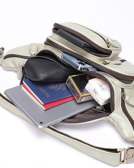 Genuine Leather Fanny Pack large capacity Crossbody Waist Bag with Zipper phone Pockets white