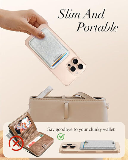 Shorogyt Compatible with Magsafe Wallet Magnetic Card Holder - Glitter Silver Phone Wallets for Women Teen Girls for iPhone 17/16/15/14/13/12 Series Slim for Apple Mag RFID Magnet, Fit 3 Cards