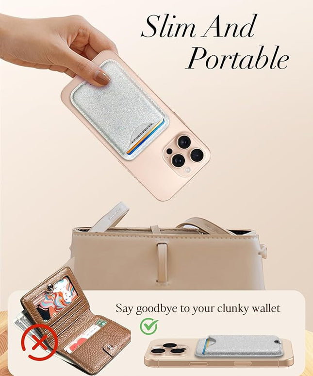Shorogyt Compatible with Magsafe Wallet Magnetic Card Holder - Glitter Silver Phone Wallets for Women Teen Girls for iPhone 17/16/15/14/13/12 Series Slim for Apple Mag RFID Magnet, Fit 3 Cards